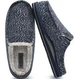 ONCAI Hüttenschuhe Herren Komfort Plüsch Pantoffeln Streifen Plantarfasziitis Hausschuhe Wärme Flauschig Slippers mit Memory Foam Rutschfest Gummisohle Blau Größe 47 - 47 EU