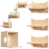 Ricyea Kletterwand Katzen, 5-teiliges Wandregal Set aus Holz Stabiles Katzenwandmöbel mit Katzentreppe, Katzenhaus, Katzenplattform, Katzenwand & Kratzbaum