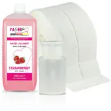 NAILS FACTORY | N&BF Nagel Cleaner Set mit Duft 500ml + Dispenser Pumpflasche Weiss 150ml + 1000 Zelletten Cellulose Pads (2 Rollen à 500 Stück) - 70% Isopropanol-Alkohol – für Gelnägel – (Erdbeer)