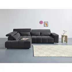 Ecksofa COTTA "Orion L-Form", schwarz, B:310cm H:70cm T:225cm, 100% Polyester, Sofas, mit Kopfteilverstellung & 5 Nierenkissen