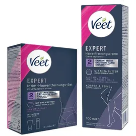 Veet Expert Intim-Haarentfernungs-Set Enthaarungscreme für den Intimbereich inkl. Multi-Benefit-Schaum - 2 x 50 ml + Haarentfernungscreme für Körper & Beine 100 ml