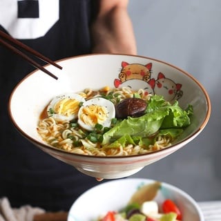 Happiness Tableware LIXUE Große Suppe Ramen Nudel Schüssel Obstsalat Pasta Mischen servieren Schüssel kreative Keramik handbemalt Katzen Geschirr Mikrowelle sicher (Größe : 8 inches)