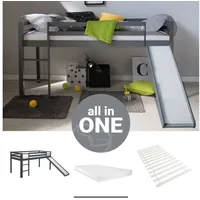 Homestyle4u Kinderbett 90x200 mit Lattenrost Matratze und Rutsche in Grau 2259