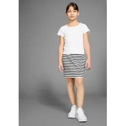 Shirt & Rock KIDSWORLD "Set aus T-Shirt und Rock", Mädchen, Gr. 152/158, weiß, schwarz geringelt, Feinripp, Obermaterial: 100% Baumwolle, geringelt, modisch, KOB Set-Artikel, Outfit aus T-Shirt und Rock