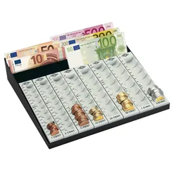WEDO 160790037 Geld-Zählbrett kombiniert, im Metallrahmen, mit 8 herausnehmbaren Münzrillen, 3 Geldscheinfächern, rutschfesten Gummifüßen,