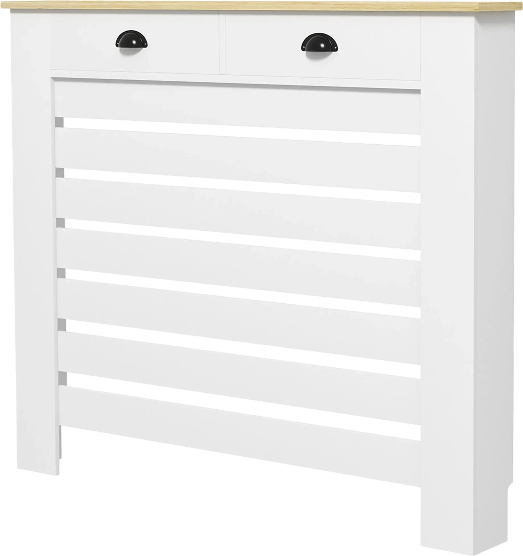 HOMCOM Heizkörperverkleidung, Heizkörperabdeckung, horizontale Lamellengitter, mit 2 Schubladen, für Wohnzimmer, Schlafzimmer, Flur, aus Holz, 111 x 19 x 95,5 cm, weiß   Aosom