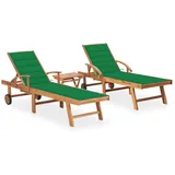 vidaXL Sonnenliegen 2 Stk. mit Tisch und Auflagen Massivholz Teak Kissen-Farbe Grün