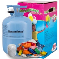 HeliumStar® Helium Einwegflasche mit Ballongas inkl. 30 Bunte Latexballons (Ø 25cm) + weißes Polyband! 250 Liter Helium für Luftballons in Heliumflasche - Ballongas reicht für alle 30 Ballons