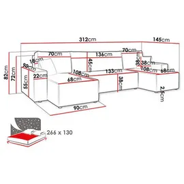 m-punkt Wohnlandschaft U-Form COMO Cord mit Bett Sofa Schlafsofa Ottomane - Schwarz