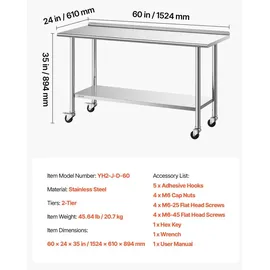 Vevor Edelstahltisch Gastro 1524 x 610 x 894 mm, Verstellbarer Edelstahltisch mit Rollen, Aufkantung (30 mm), Arbeitstisch mit Grundboden für Restaurant Obere Ablage (254 kg) Untere Ablage (209 kg)