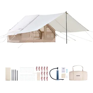 Vevor Aufblasbare Zelte für Camping 3x2x2 m, 3–5 Personen, 300D Oxford 4-Jahreszeiten-Glamping-Zelt mit Baldachin, Handpumpe, Ofenanschluss, 2 Türen & 2 Netzfenstern (Aufbewahrungstasche inkl.)