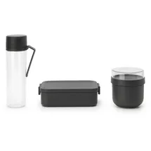Brabantia - Make & Take Set Frühstück & Mittag - 3er-Set: Trinkflasche 0.5L, Frühstücksschüssel 0.5L & Brotdose Medium - Platz für Sandwiches - Auslaufsicher - Spülmaschinenfest - Dark Grey