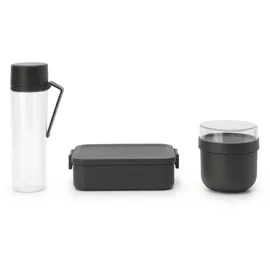 Brabantia - Make & Take Set Frühstück & Mittag - 3er-Set: Trinkflasche 0.5L, Frühstücksschüssel 0.5L & Brotdose Medium - Platz für Sandwiches - Auslaufsicher - Spülmaschinenfest - Dark Grey