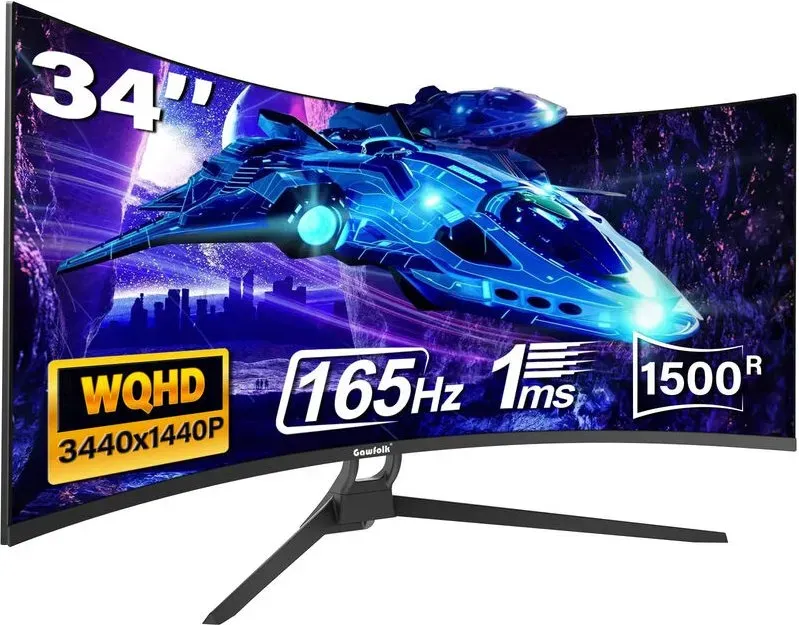 Gawfolk 34 Zoll 4K UHD Curved-Monitor, 165 Hz Bildwiederholfrequenz, 1500R, 21:9 Ultrawide, HDR10, 1 ms (MPRT), Eye-Care, 99% sRGB, HDMI 2.1/DisplayPort 1.4, VESA 75x75mm, für Gaming/Office