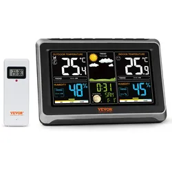 VEVOR Wetterstation Funkwetterstation mit Wettervorhersage Thermo-/Hygrometer RCC-Atomuhr 19cm Display 100m Fernübertragung 7 Sprachen Alarmfunktionen Automatische Kalibrierung 3-stufige Dimmung