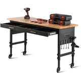 Vevor verstellbare Werkbank, Werkbank mit Steckdose, Rädern und Stecktafel, robuster Arbeitstisch mit Eichenholzplatte für Garage, Werkstatt, Büro und Zuhause 153 x 61cm