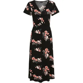 LAURA SCOTT Sommerkleid LAURA SCOTT, Damen, Gr. 36, N-Gr, schwarz, orange, geblümt, Jersey, Obermaterial: 95% Viskose, 5% Elasthan, geblümt, figurumspielend wadenlang, V-Ausschnitt, Kleider Sommerkleid, mit romantischem Blumendruck und Raffung, Midikleid, Topseller