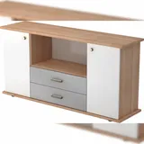 bümö Sideboard Buche mit Flügeltüren & Regal  - Büromöbel Sideboard mit Schubladen Holz 166cm breit, 45cm schmal, Büro Schrank für Flur oder als