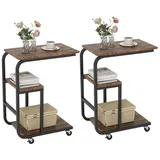 COSTWAY Beistelltisch (2-St), Laptoptisch mit Rollen, C-Form, 3 Ebenen, 53x30x70cm braun
