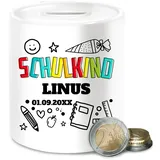 Spardose - Schulanfang & Einschulung Bedruckt - Schulkind Scribble - Unisize - Weiß - personalisierte Geschenke schulanfänger 2023 Schule schulkinder Keramik mädchen Name schuleingangs Datum