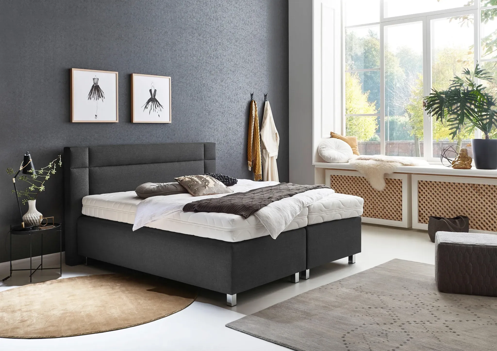 Boxspringbett in diversen Ausführungen, Feinstrukturstoff anthrazit, , 29578557-0 Kaltschaum-Topper