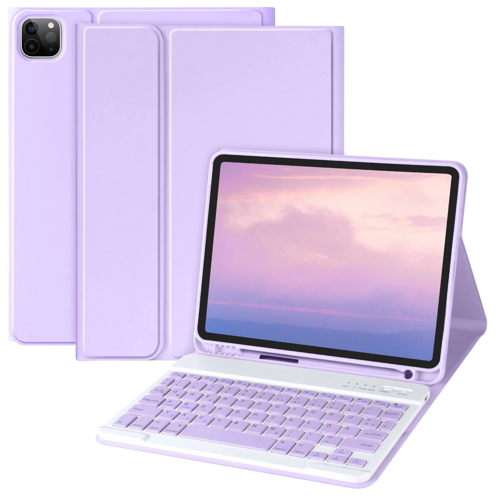 Tastatur Hülle für iPad Air 5. und 4. Generation 10,9" 2022/2020, iPad Pro 11" Tastatur Hülle 2022/2021/2020/2018, Abnehmbare Bluetooth-Tastatur mit Stifthalter für iPad 11" 1./2./3. Gen(Violett)