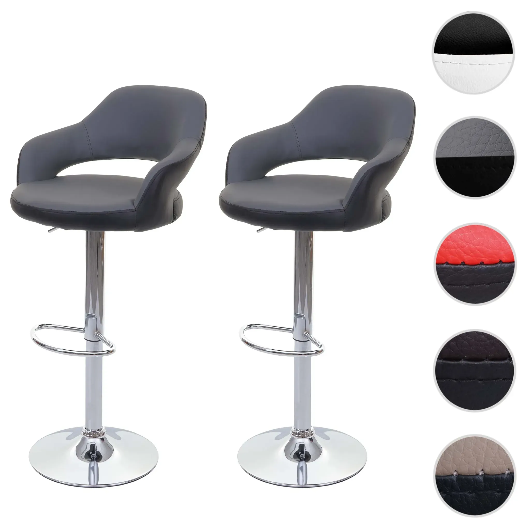 2er-Set Barhocker HWC-F16, Barstuhl Tresenhocker Drehhocker, mit Lehne Kunstleder ~ grau-schwarz