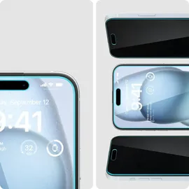 SPIGEN Glas.tR EzFit Privacy-Temperaturglas für iPhone 15/16 Adapter 2 Pack Transparency / 15