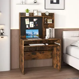 Costway 89x50x138 cm Schreibtisch mit magnetischer Pinnwand, Kleiner Computertisch mit Aufsatz, Tastaturablage & Verstellbarer Ablage, PC-Tisch, Braun - Braun