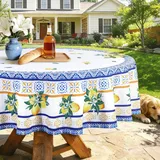 hometrixx Sommer Tischdecke Abwaschbar Mediterraner Fliesen Zitronen Blau Tischdecken Rund Polyester Tischtuch für Party Outdoor Picknick Garten Küche Tisch Dekor, Ø 152 cm