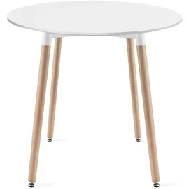 home collective Esszimmertisch Runder weißer Esstisch mit Beinen aus Naturbuche, 80 cm Durchmesser - Modernes und ergonomisches Design für Küche, Esszimmer, Wohnzimmer - Langlebige MDF-Platte