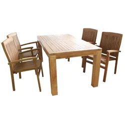 Mojawo Gartenmöbel 5-tlg. Esstisch Teakholz 180x90x75cm + 4 Stapelstühle Teak