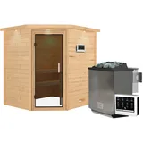 Karibu Woodfeeling Sauna Mia - 38 mm -Inkl. Dachkranz-Ganzglastür in Graphit-Optik-9 kW Bio-Kombiofen inkl. Steuergerät