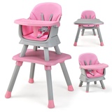 DREAMADE Hochstuhl mit Tisch, 6 in 1 Kinderhochstuhl mit Tablett & 5-Punkt Sicherheitsgurt, Babystuhl mit Abnehmbarem Kissen, Essstuhl Baby 7-36 Monate bis 25 KG (Pink)