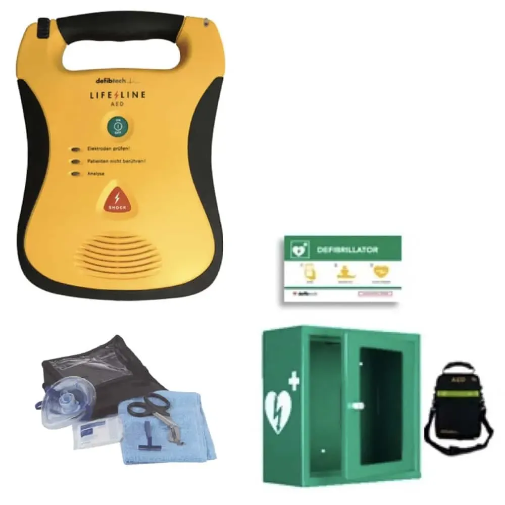 Defibtech –  Lifeline AED SG Defibrillator + Schutzschrank, Tasche & Rettungsschild Defibrillator