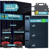 sunniva Balkonkraftwerk Full Black Bifazial 3000 W inkl. 6,03 kWh Speicher + 6 x 500 W Glas-Bifacial Module