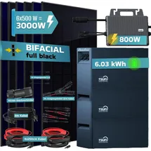 sunniva Balkonkraftwerk Full Black Bifazial 3000 W inkl. 6,03 kWh Speicher + 6 x 500 W Glas-Bifacial Module