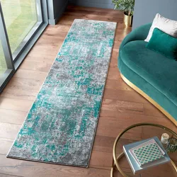 Kadima Design `Dee` Abstrakte Kunst-Teppiche in Premium-Qualität. Farbe: Grün-Grau, 80x300 cm