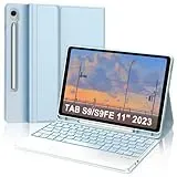 IVEOPPE Tastatur für Samsung Galaxy Tab S9 FE 10.9"/S9 11", Hülle mit Tastatur für Samsung Tab S9/S9FE 2023, Bluetooth Magnetisch 7-Farbige Beleuchtung QWERTZ Touchpad Tastatur Galaxy S9 Tablet, Blau