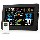 VIFLYKOO Wetterstation Funk mit Außensensor, Thermometer & Hygrometer, Wettervorhersage, Luftdruck, DCF Funkuhr, VA-Display, Batterie- & Netzbetrieb, für Innen & Außen, Schwarz