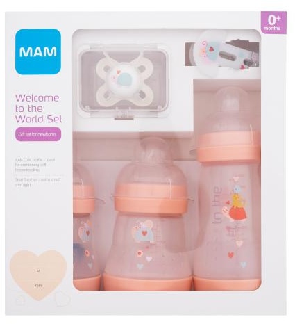MAM Welcome To The World Set 0m+ Pink Geschenkset Anti-Colic 160 ml Babyflasche 2 St. + Anti-Colic 260 ml Babyflasche 1 St. + Start Schnuller 1 St. + Schnullerband 1 St.