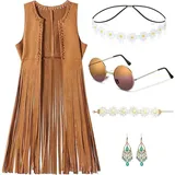 Y.A. LOTUS Hippie Kostüm Damen, mit Hippie Accessoires Faschingskostüme Damen Braun Fransen Weste Hippie Kostüm 60er 70er Jahre Halloween Kostüm L