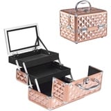 GIANTEX Kosmetikkoffer mit Spiegel, Beauty Make-up Case Schminkkoffer aus ABS und Aluminium, 2 ausziehbare Ablagen, ausklappbarer & tragbarer Etagenkoffer Friseurkoffer Multikoffer (Rosegold)