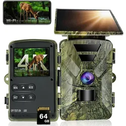 Wildtierkamera 4K Wildkamera 60MP mit Solarpanel, 120°, mit 64G SD Speicherkarte...