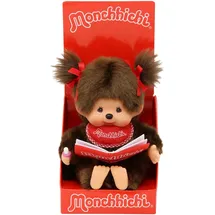 Sekiguchi 221561 - Original Monchhichi Mädchen, mit Fotoalbum und Schleifen, ca. 20 cm großes Kuscheltier aus braunem Plüsch