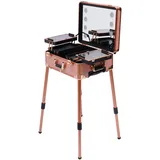 Make-up Rolling Train Case Schminkkoffer Schminktisch mit 4 Rädern, Schminkstation Aufbewahrungskoffer mit Beleuchtung & Spiegel & Abdeckplatte, verstellbare Beine Kosmetische Organizer (Rose Gold)