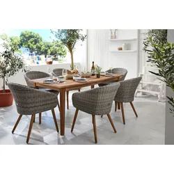 Ploß Borneo/Kota Garten-Essgruppe, natur/grau-meliert, Akazie/Alu/Polyrattan, 180x90cm, 6 Cocktailsessel, FSC-Akazie