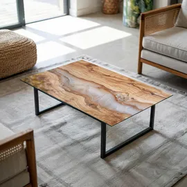 Tulup Tischplatte 100x70 cm Naturholz mit Harz Glas beige