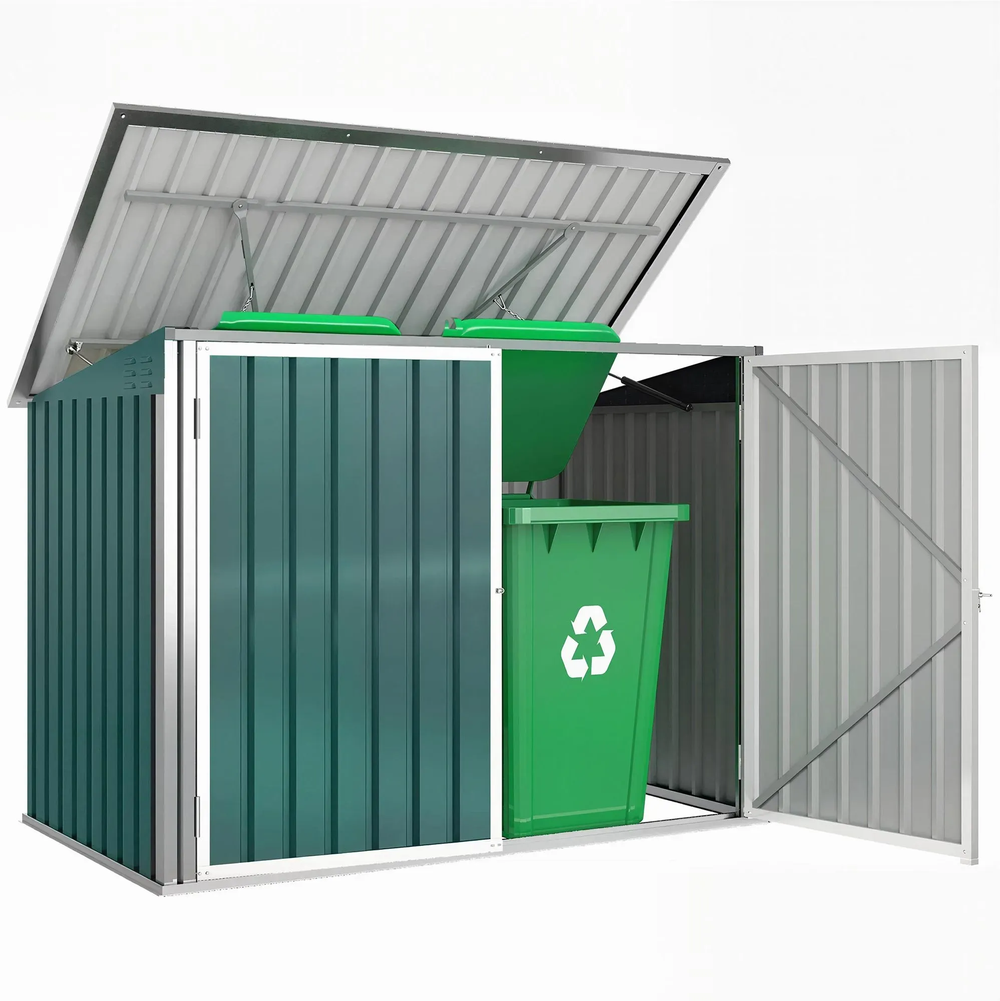 Outsunny Mülltonnenbox Müllbox Storer abschließbar Gerätebox mit Doppeltür Deckel für 2 Mülltonnen Stahl 179,5 x 108 x 129,5/113 cm Grün   Aosom