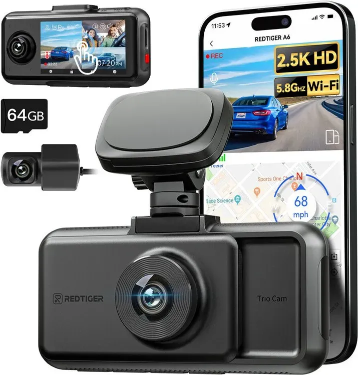 REDTIGER A6 3-Kanal-Dashcam, Touchscreen, 2,5K+1080P+1080P, Front- und Rückfahrkamera für den Innenraum, 64GB-Karte, Triple-Dashcam mit WLAN & GPS, Loop-Recording, Nachtsicht